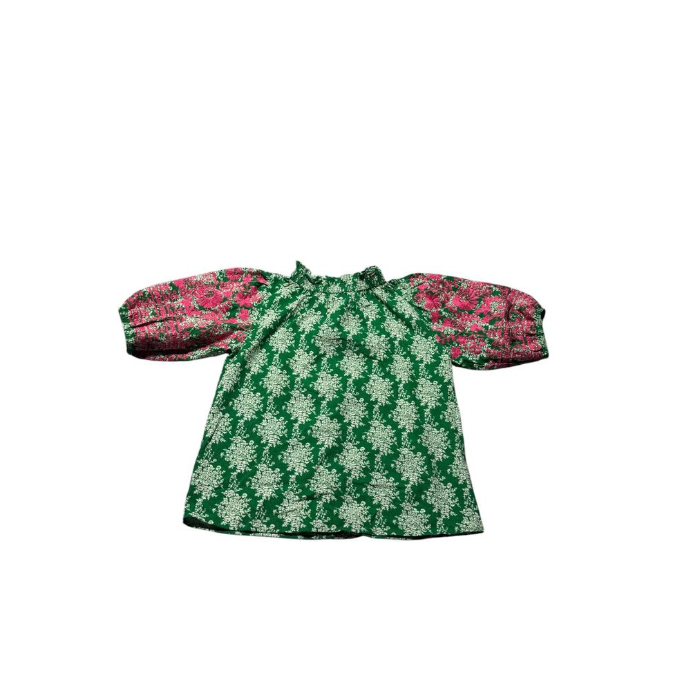 NWT THML Blouse Womens S Green Pink Embroidered Floral Puff Sleeve Button Back - Picture 2 of 16